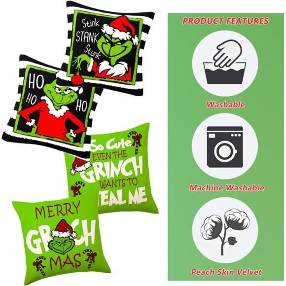 Set of 4 Merry Grin-chmas Pillow Covers, 18x18‎ Farmhouse Christmas Home Decor - Picture 6 of 7